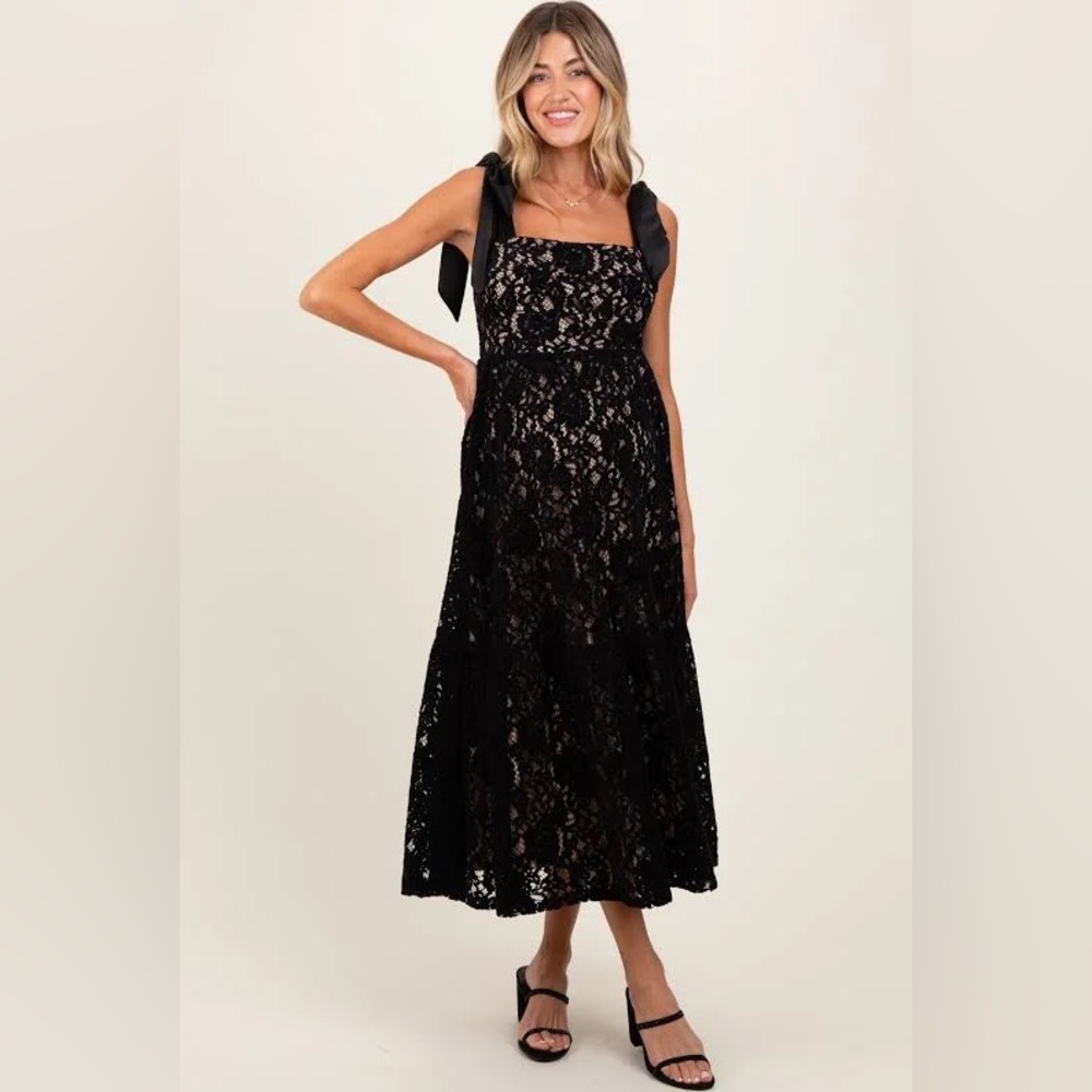Pinkblush Black Velvet Lace Shoulder Bow Maternity Maxi Dress Size Small